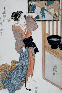 Hour of tiger, seventh hour of morning, Ca 1818, Ukiyo-e kunsttrykk av Utagawa Kunisada (1786-1865) fra De tolv timene i Yoshiwara, Oban-tate-e tresnitt, 37x24,9 cm, japansk sivilisasjon av Utagawa Kunisada