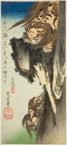En løve som trener en unge av Utagawa Hiroshige