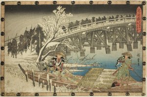 Act 11, Part 1: The Approach to the Night Attack (Juichidanme ichi, yochi oshiyose), fra serien "The Revenge of the Loyal Retainers (Chushingura)" av Utagawa Hiroshige