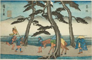 Akasaka, from the series "Fifty-three Stations of the Tokaido (Tokaido gojusan tsugi no uchi)," also known as the Gyosho Tokaido   1283815   no       norwegian Successfully Translated  Original: Bowl, Figs, and Apples (Écuelle, figues et pommes) Translat:  av Utagawa Hiroshige