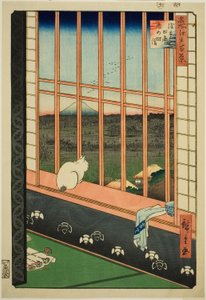 Asakusa lycee Fie lds plan d town feschival (Asakusa rice field catching town er også oppført), fra serien "Ridge d re d fa net view ws f Edo (berømt sted 100 views of Edo)" av Utagawa Hiroshige