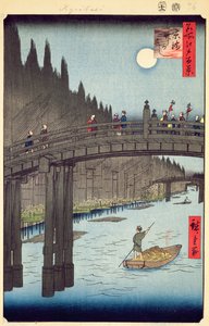 Bamboo Yards, Kyobashi Bridge, No.76 from One Hundred Views of Edo, Edo Period, Ansei Era, publisert 1857 (farget treblokktrykk) av Utagawa Hiroshige