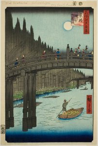 Plasser m bok oya rds plan d living bri dge (ibashi bambus elvebredd), fra serien s ``Ridge part d re d fa net s view ws f Edo (berømt sted 100 visninger av Edo)