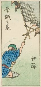 Å fange villender i Iyo-provinsen (Iyo, okoshi no kamo), del av ark nr. 16 fra serien "Cutout Pictures of the Provinces (Kunizukushi harimaze zue)" av Utagawa Hiroshige