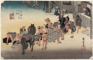 Bytte bærere og hester, Fujieda, ca. 1833