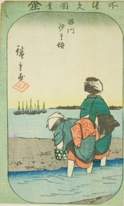 Muslinggraving ved lavvann ved Shinagawa (Shinagawa shiohigari), del av et ark fra serien "Cutout Pictures of Famous Places in Edo (Edo meisho harimaze zue)" av Utagawa Hiroshige