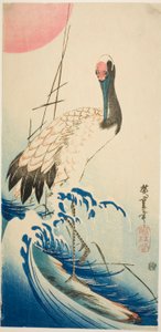 Trane, bølger og stigende sol av Utagawa Hiroshige