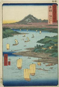 Dewa Province: Mogami River and a Distant View of Mount Gassan (Dewa, Mogamigawa, Gassan enbo), fra serien "Famous Places in the Sixty-odd Provinces (Rokujuyoshu meisho zue)" av Utagawa Hiroshige