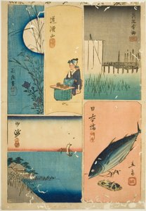 Eitai Bridge, Nihon Bridge, Susaki, Flower Garden og Dokan Hill (Eitaibashi, Nihonbashi, Susaki, Hanayashiki, Dokanyama), fra serien "Cutouts of Famous Places in Edo (Harimaze Koto meisho)" av Utagawa Hiroshige