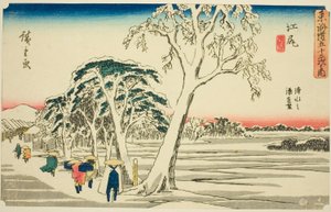 Ejiri: Distant View of Shimizu Harbor i klart vær etter snøfall (Ejiri, Shimizu no minato enbo, yukibare), fra serien "Fifty-three Stations of the Tokaido (Tokaido gojusan tsugi no uchi)," også kjent som Gyosho Tokaido av Utagawa Hiroshige