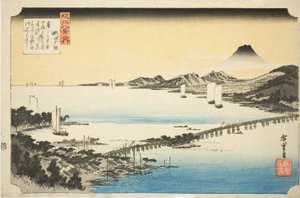 Evening Glow at Seta Bridge (Seta no sekisho), fra serien "Eight Views of Omi (Omi hakkei no uchi)" av Utagawa Hiroshige