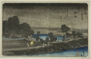 Evening Rain at Azuma Shrine (Azuma no mori yau), fra serien "Eight Views in the Environs of Edo (Edo Kinko hakkei no uchi)" av Utagawa Hiroshige