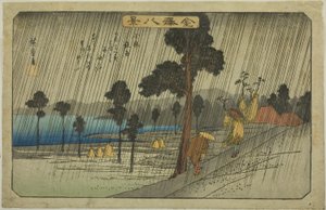 Evening Rain at Koizumi (Koizumi yau), fra serien "Eight Views of Kanazawa (Kanazawa hakkei)" av Utagawa Hiroshige