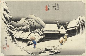 Kveldssnø på Kambara, nr. 16 fra The 53 Stations of the Tokaido, pub. av Hoeido, 1833, (oban-størrelse, yoko-e - horisontalt format, farget treblokktrykk) av Utagawa Hiroshige