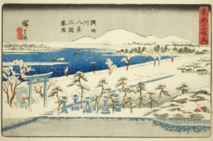 Kveldssnø ved Mimeguri, åtte utsikter over Sumida-elven (Sumidagawa hakkei, Mimeguri bosetsu), fra serien "Famous Places in the Eastern Capital (Toto meisho no uchi)" av Utagawa Hiroshige