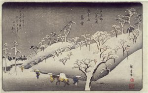 Kveldssnø på Asuka-fjellet, fra Eight Views of Environs of Edo, ca. 1838 (fargetrykk av treblokk) av Utagawa Hiroshige