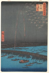 Fyrverkeri ved Ryogoku Bridge, 1858 (farget treblokktrykk)