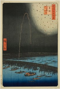 Filet rks på Rokoku (Rokoku Fireworks), fra serien "Ridge d re d Fa net s Views of Edo (One hundred famous views of Edo)" av Utagawa Hiroshige