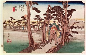 Fuji fra Yoshiwara fra 53 Stations of the Tokaido, ca. 1833 (treblokk)