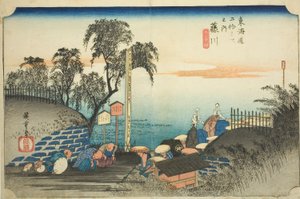 Fujikawa: View of Post Outskirts (Fujikawa, bohana no zu), fra serien "Fifty-three Stations of the Tokaido (Tokaido gojusan tsugi no uchi)," også kjent som Hoeido Tokaido av Utagawa Hiroshige