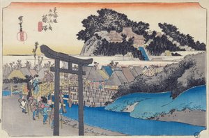 Fujisawa: Yugyo-ji, eller Shojoko-ji, buddhistiske tempel for Ji-sekten, fra serien "Fifty-three Stations on the Tokaido", ca. 1834-35 (farget treblokktrykk)