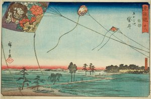 Fukuroi: Famous Kites of Enshu (Fukuroi, meibutsu Enshu dako) – nr. 28, fra serien "Fifty-three Stations of the Tokaido (Tokaido gojusan tsugi)," også kjent som Reisho Tokaido av Utagawa Hiroshige