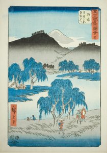Goyu: Motono Plain og Motosaka Pass (Goyu, Motonogahara Motozaka goe), nr. 36 fra serien "Famous Sights of the Fifty-three Stations (Gojusan tsugi meisho zue)," også kjent som Vertical Tokaido av Utagawa Hiroshige