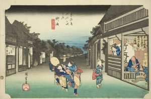 Goyu: Women Stopping Traveler (Goyu, tabibito tomeru onna), fra serien "Fifty-three Stations of the Tokaido (Tokaido gojusan tsugi no uchi)," også kjent som Hoeido Tokaido av Utagawa Hiroshige