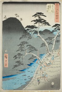 Hakone: Nattprosesjon i fjellene (Hakone, sanchu yagyo no zu), no. 11 fra serien "Famous Sights of the Fifty-three Stations (Gojusan tsugi meisho zue)," også kjent som den vertikale Tokaido av Utagawa Hiroshige
