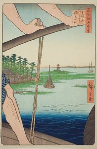 Haneda Ferry and Benten Shrine (Haneda no watashi Benten no yashiro), nr. 72 fra serien quot;One Hundred Famous Views of Edo (Meisho Edo hyakkei)quot; av Utagawa Hiroshige