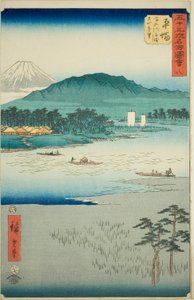 Hiratsuka: Ferry on the Banyu River and Distant View of Mount Oyama (Hiratsuka, Banyugawa funewatashi Oyama enbo), no. 8 from the series "Famous Sights of the Fifty-three Stations (Gojusan tsugi meisho zue)," also known as the Vertical Tokaido av Utagawa Hiroshige