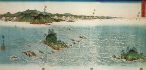 Hiroshige, boblebad på en steinete kyst av Utagawa Hiroshige