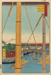 Inari Bridge and Minato Shrine, Teppozu (Teppozu Inaribashi Minato Jinja), fra serien "One Hundred Famous Views of Edo (Meisho Edo hyakkei)" av Utagawa Hiroshige