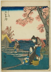 Ishiyakushi, fra serien "Fifty-three Stations [of the Tokaido] (Gojusan tsugi)," også kjent som Figure Tokaido (Jinbutsu Tokaido) av Utagawa Hiroshige