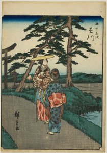 Kakegawa, fra serien "Fifty-three Stations [of the Tokaido] (Gojusan tsugi)," også kjent som Figure Tokaido (Jinbutsu Tokaido) av Utagawa Hiroshige