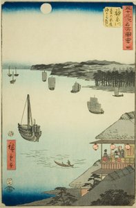Kanagawa: Utsikt over havet fra tehusene på bakken (Kanagawa, dai no chaya kaijo miharashi), nr. 4 fra serien "Famous Sights of the Fifty-three Stations (Gojusan tsugi meisho zue)," også kjent som den vertikale Tokaido av Utagawa Hiroshige