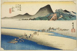 Kanaya: The Far Bank of the Oi River (Kanaya, Oigawa engan), fra serien "Fifty-three Stations of the Tokaido Road (Tokaido gojusan tsugi no uchi)," også kjent som Hoeido Tokaido av Utagawa Hiroshige
