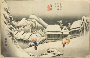 Kanbara: Evening Snow (Kanbara, yoru no yuki), fra serien "Fifty-three Stations of the Tokaido (Tokaido gojusan tsugi no uchi)," også kjent som Hoeido Tokaido av Utagawa Hiroshige