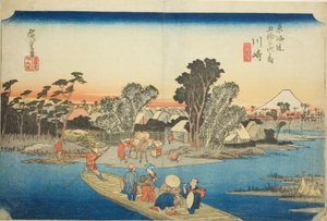 Kawasaki: Rokugo Ferry (Kawasaki, Rokugo watashibune), fra serien "Fifty-three Stations of the Tokaido (Tokaido gojusan tsugi no uchi)," også kjent som Hoeido Tokaido av Utagawa Hiroshige