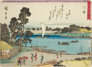 Kawasaki, from the series "Fifty-three Stations of the Tokaido (Tokaido gojusan tsugi)," also known as the Tokaido with Poem (Kyoka iri Tokaido) av Utagawa Hiroshige