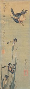 Kingfisher som flyr over en iris av Utagawa Hiroshige