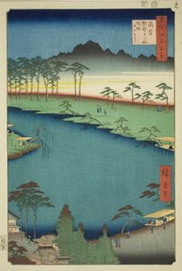 Kumano Junisha-helligdommen i Tsunohazu, populært kjent som Juniso (Tsunohazu Kumano Junisha, zokusho Juniso), fra serien "One Hundred Famous Views of Edo (Meisho Edo hyakkei)" av Utagawa Hiroshige