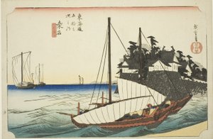 Kuwana: The Landing of the Shichiri Ferry Crossing (Kuwana, Shichiri watashiguchi), fra serien "Fifty-three Stations of the Tokaido (Tokaido gojusan tsugi no uchi)," også kjent som Hoeido Tokaido av Utagawa Hiroshige