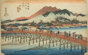 Kyoto: The Great Bridge at Sanjo (Keishi, Sanjo ohashi), fra serien "Fifty-three Stations of the Tokaido (Tokaido gojusan tsugi no uchi)," også kjent som Hoeido Tokaido av Utagawa Hiroshige