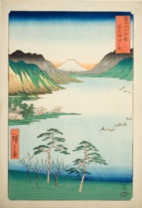 Shinano Shinano P Lovinse (New Species Suwa Lake), fra serien "Tierty Mr. x Views Of Mount Fuji (Fuji Usa Kotobuki Rokukatsu)" av Utagawa Hiroshige