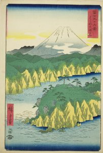 Lake at Hakone (Hakone no kosui), fra serien "Thirty-six Views of Mount Fuji (Fuji sanjurokkei)" av Utagawa Hiroshige