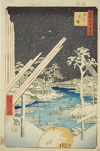 Trelastgårder ved Fukagawa (Fukagawa kiba), med mørk himmel, nr. 106 fra serien «Hundre berømte utsikter over Edo (Meisho Edo hyakkei)» av Utagawa Hiroshige