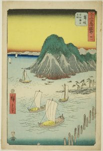Maisaka: Fergebåter som krysser havet ved Imagiri (Maisaka, Imagiri kaijo funewatashi), nr. 31 fra serien "Famous Sights of the Fifty-three Stations (Gojusan tsugi meisho zue)," også kjent som den vertikale Tokaido av Utagawa Hiroshige