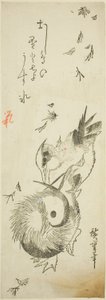 Mandarinender krysser iskald dam blant fallende blader av Utagawa Hiroshige