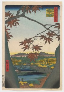 Maple Trees at Mama, Tekona Shrine and Linked Bridge, Edo-perioden, 1857 (farget treblokktrykk)